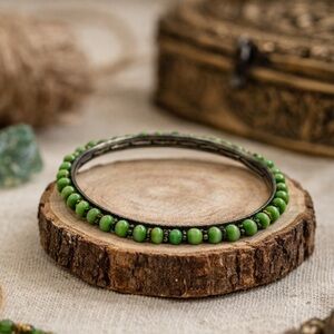 Green Beaded Bangle Bracelet | Vintage-Inspired Glass Beads & Brass Accents